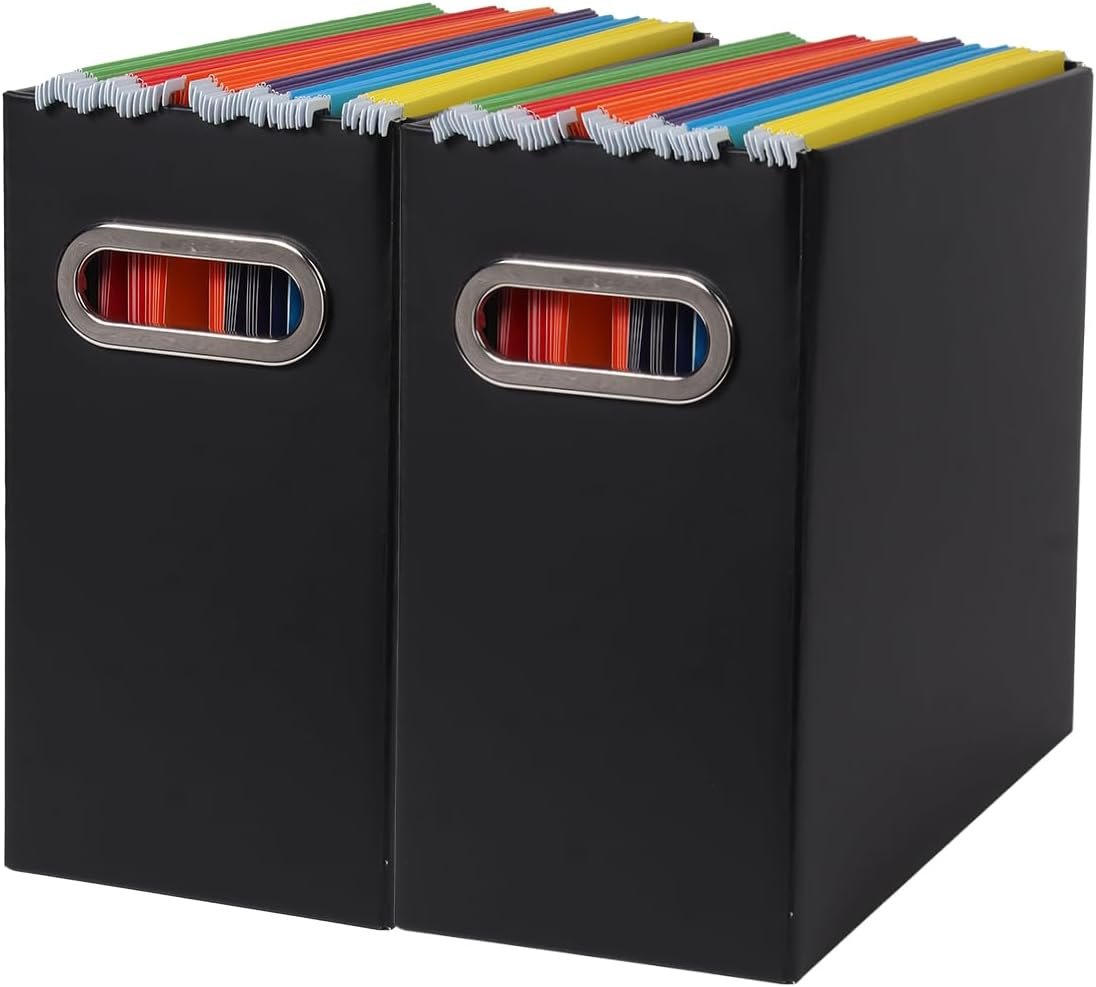 Collapsible File Organizer Box with Handle, Filing Organizer for Home or Office, Small Portable File Box (2 Packs, Black)