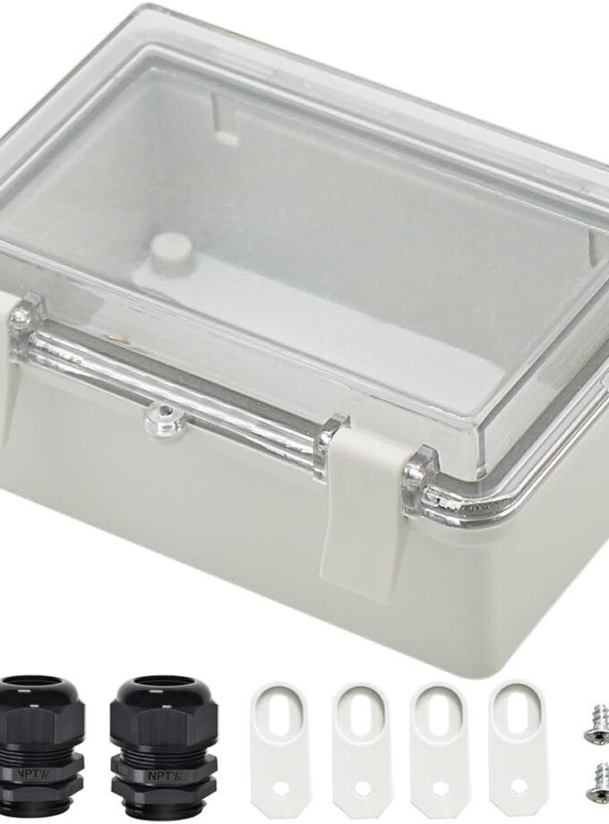Junction Box ABS Plastic Dustproof Waterproof IP65 Electrical Boxes Hinged Shell Outdoor Universal Project Enclosure Clear Cover with 2 Cable Glands 5.9 x 3.9 x 2.8 inch (150x100x70 mm)