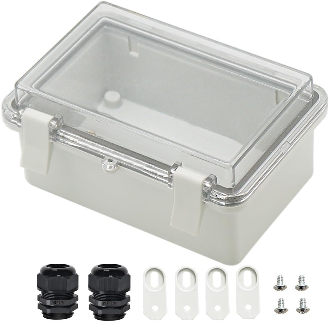 Junction Box ABS Plastic Dustproof Waterproof IP65 Electrical Boxes Hinged Shell Outdoor Universal Project Enclosure Clear Cover with 2 Cable Glands 5.9 x 3.9 x 2.8 inch (150x100x70 mm)