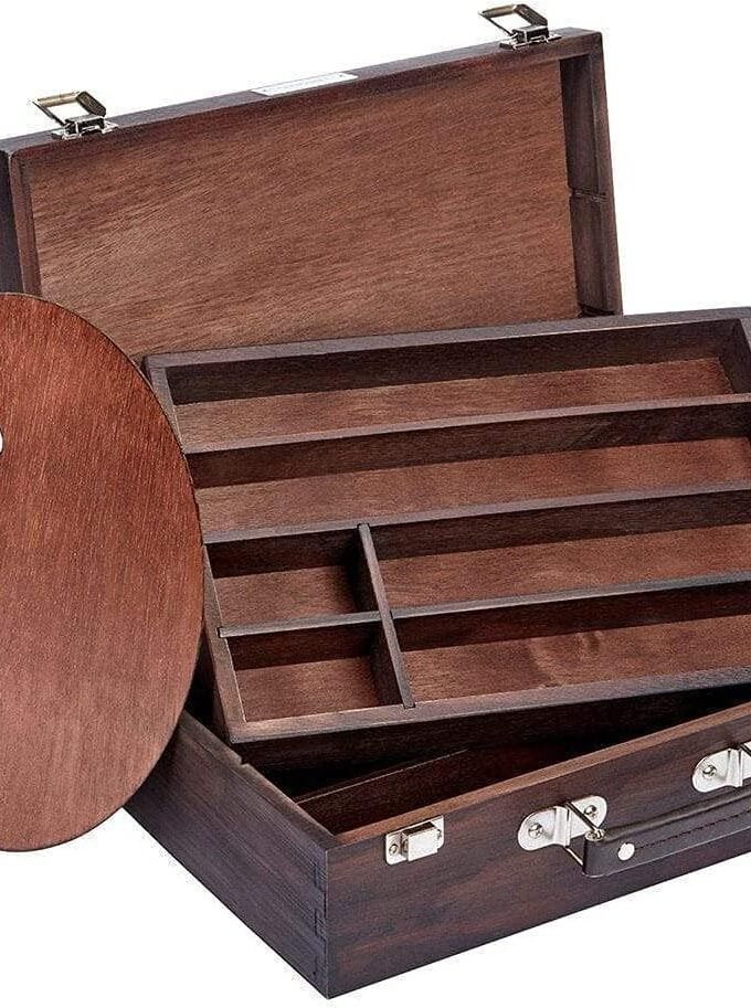 720 Wood Art Storage Box With Espresso Stain, 2-Tier Wood Case with 10 Dividers, Holds Markers, Paint, Brushes, Pencils, And More