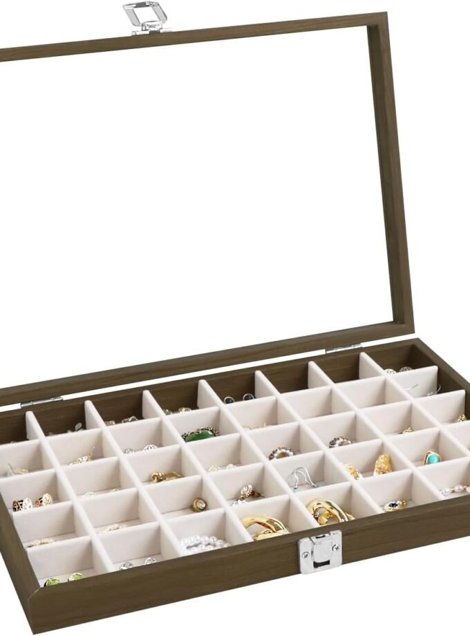 Wooden Jewelry Box 40 Grid Jewelry Organizer Jewelry Tray with Lid Vintage Earring Holder Organizer Jewelry Display for Rings Earrings Bracelets Adjustable Divider (Beige 40 Grid)