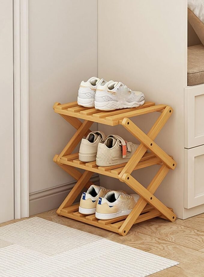 Shoe Rack, Foldable Bamboo Shoes Shelf, Freestanding Shoe Storage Organiser for Entryway, Hallway, Bedroom, Closet (Wood Color, 3 Layers)