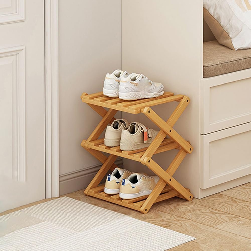 Shoe Rack, Foldable Bamboo Shoes Shelf, Freestanding Shoe Storage Organiser for Entryway, Hallway, Bedroom, Closet (Wood Color, 3 Layers)