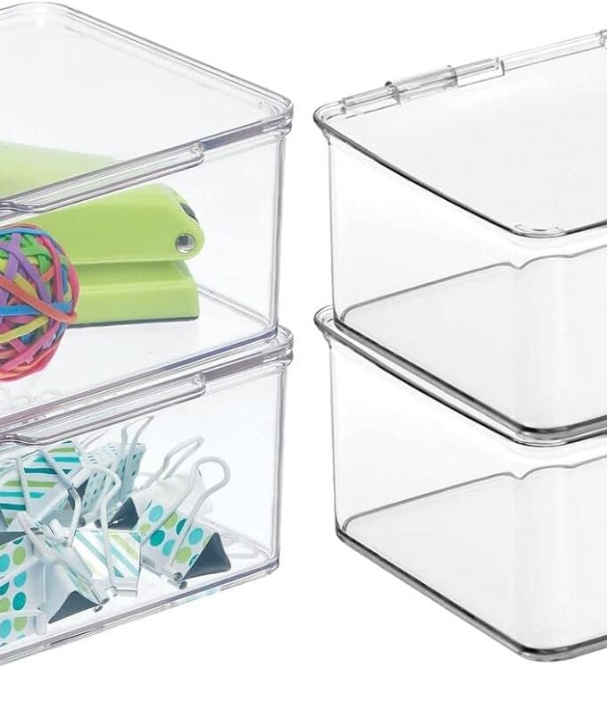 Small Plastic Home Office Storage Organizer Box Containers w/Hinged Lid for Desktops - Holds Pens, Pencils, Sticky Notes, Highlighters, Staples, Supplies -  Collection, 4 Pack - Clear