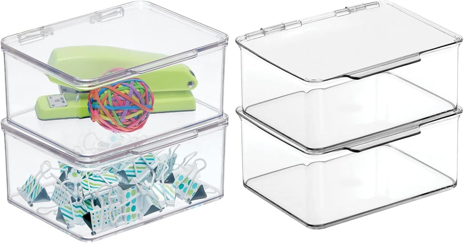Small Plastic Home Office Storage Organizer Box Containers w/Hinged Lid for Desktops - Holds Pens, Pencils, Sticky Notes, Highlighters, Staples, Supplies - Collection, 4 Pack - Clear