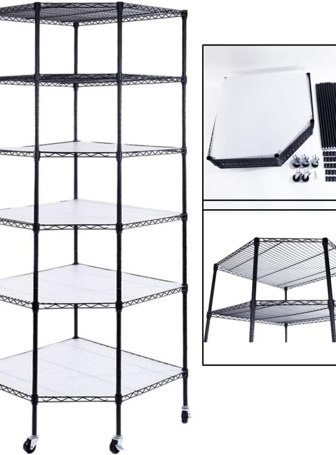 6-Tier Rolling Heavy Duty Commercial Polygonal Corner Shelf Wire Shelving Unit Adjustable Storage Rack Free Standing Garage with 5 Wheels 26 4/5" L x 26 4/5" W x 71" H Inches (Black)