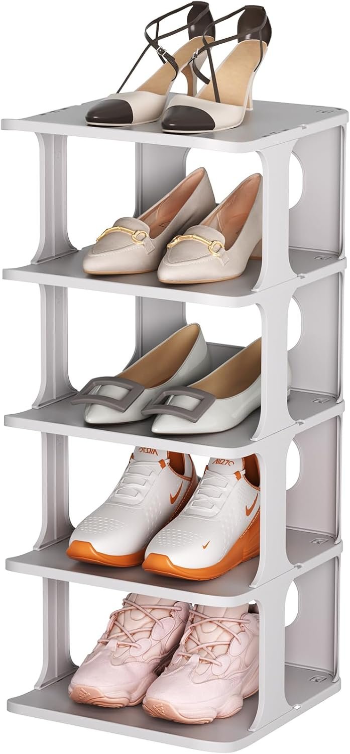 Shoe Rack for Closet - Stackable Shoe Organizer for Closet, Space-Saving Narrow Shoe Rack for Front Door Entrance, Grey