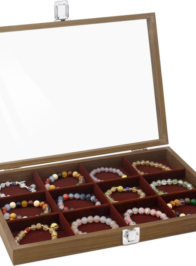Jewelry Organizer Tray 12 Grid Velvet Jewelry Storage Box with Clear Lid Jewelry Display Case with Lock Bracelet Earring Ring Organizer Showcase Gifts for Girls Women-12 Grid Wooden Brown
