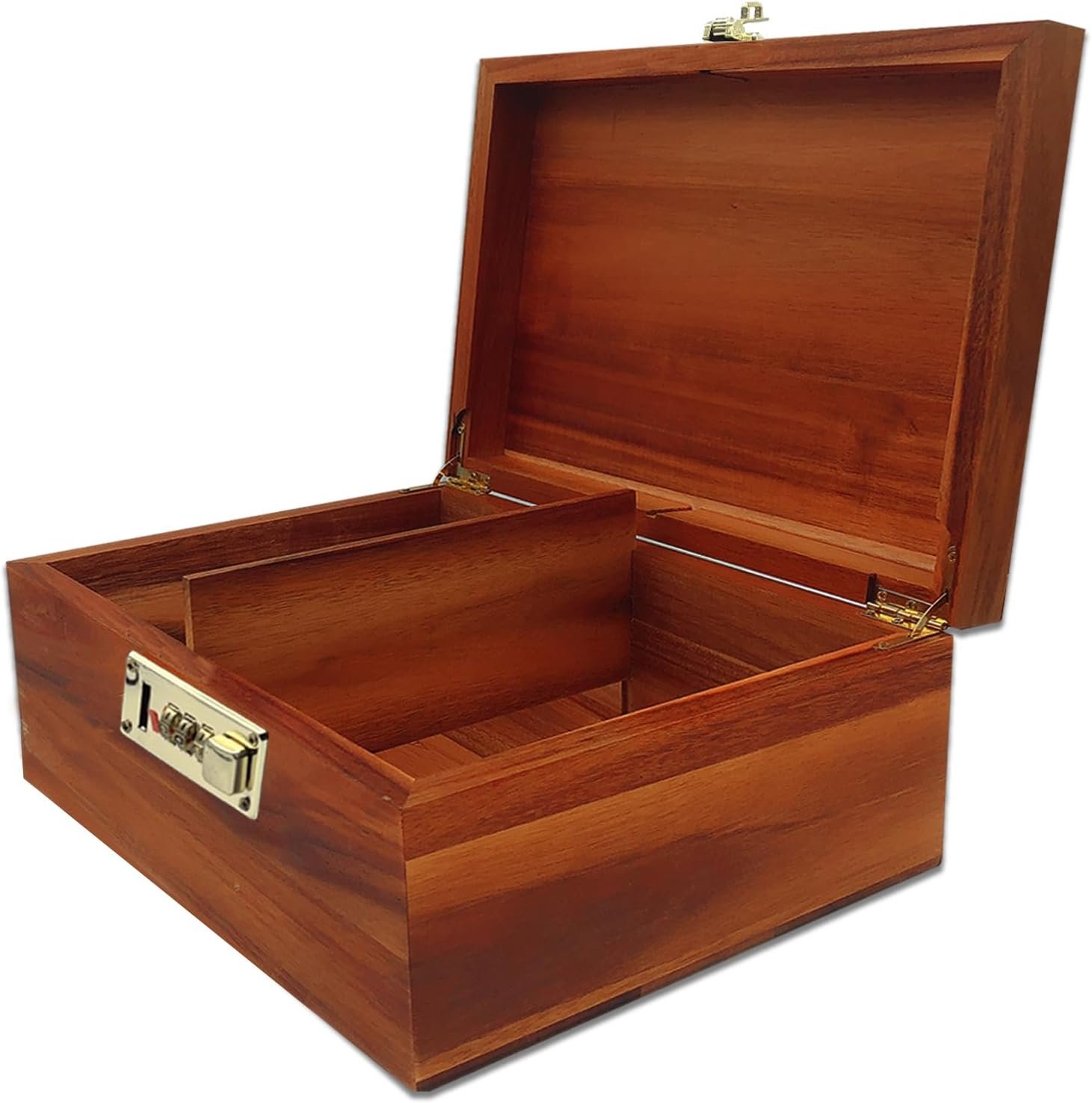Large Wooden Box with Hinged Lid with Combination Lock With Adjustable Divider,Acacia Wood Storage Box Decorative Lockable Chest for Keepsakes,Valuables, Accessories,Treasured Items