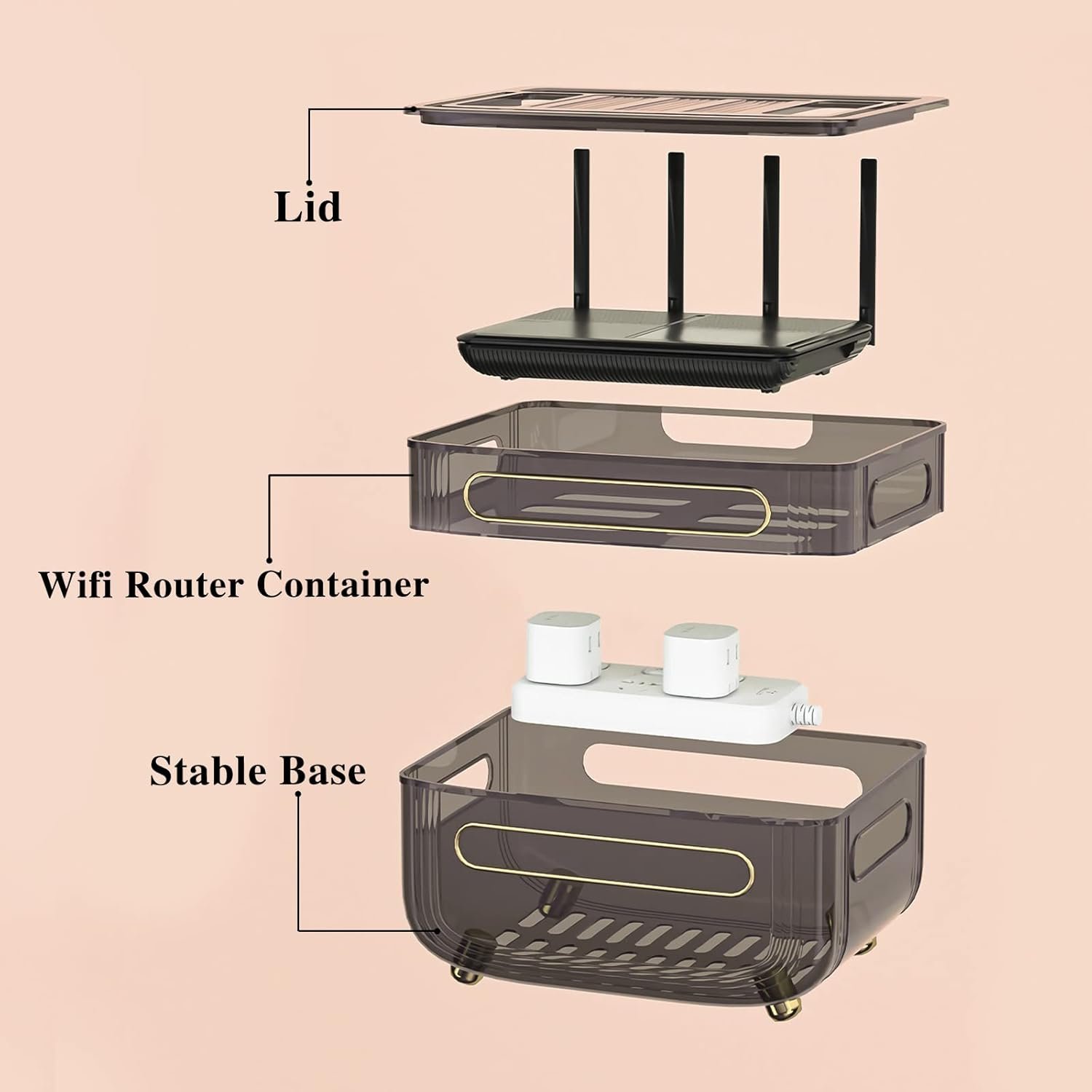 Desktop & Wall-Mounted Router Storage Plastic Wireless WiFi Router Box, Living Room Set-top Box Shelf for Cable Box/DVD Players/Game Console, Container Fit for Power Boards, USB Cables, Grey - Image 2