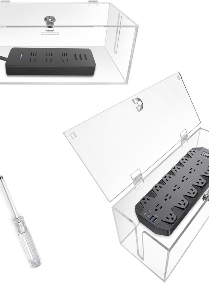 2PC Acrylic Plug Organizer Upgrade,Cable Management Box with Lock,Cable Organizer Box for Surge Protector Power Strip,TV Computer,Cable Wires of Home,Office,Child and Pet Proof