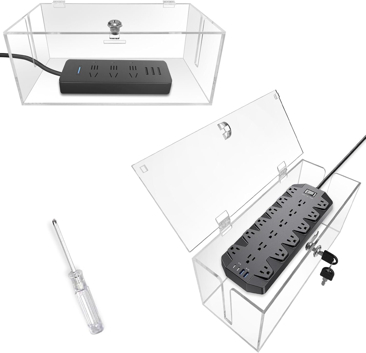 2PC Acrylic Plug Organizer Upgrade,Cable Management Box with Lock,Cable Organizer Box for Surge Protector Power Strip,TV Computer,Cable Wires of Home,Office,Child and Pet Proof