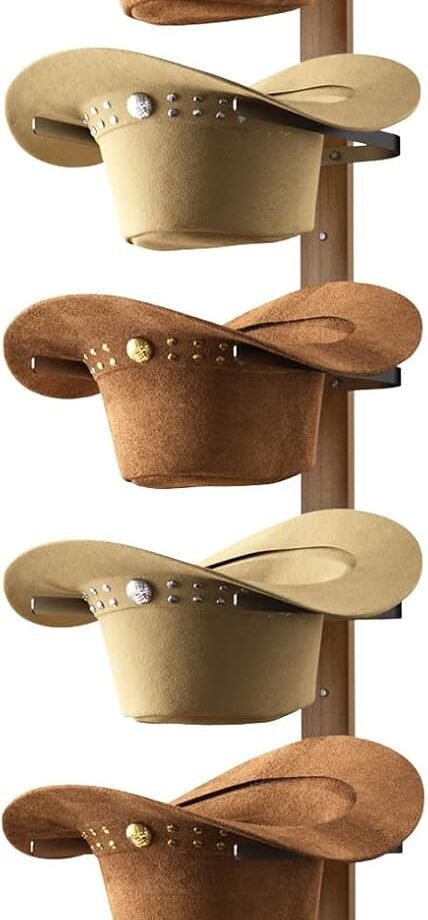 Cowboy Hat Rack,6 Pieces Cowboy Hat Holder with Wooden Board, Metal, Wall Storage Organizer for Hat Collection Western Room Décor