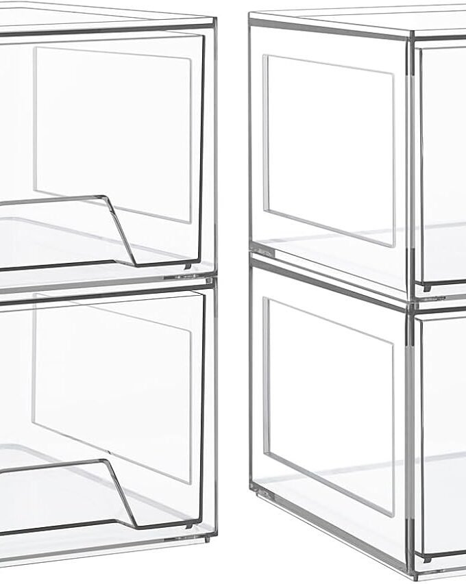4 Pack Stackable Makeup Organizer,4.4'' Tall Acrylic Bathroom Organizer and Storage Drawers, Clear Plastic Drawer Storage Bins For Vanity, Undersink, Cabinets, Pantry