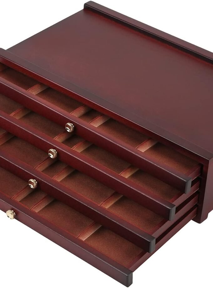4-drawer Wood Artist Supply Storage Box, Portable Beechwood Multifunctional Pencil Brush Organizer Wood Box with Drawer&Compartments for Pastels, Pencils, Pens, Makeup Brushes(Deep Walnut)