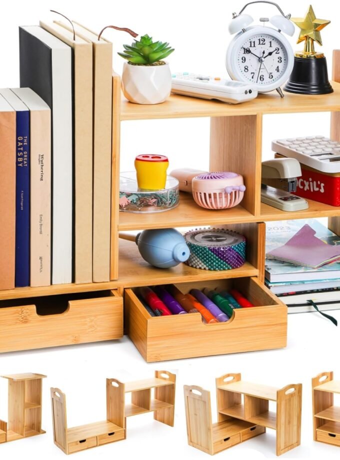Bamboo Desktop Bookshelf, Expandable Counter Bookcase, Storage Shelves Rack Organizer with Anti-Slip Pads, Cute Small Desk Display Cubby Top for Office Supplies, No Assembly Needed