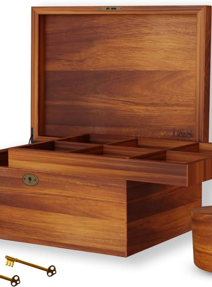 Acacia Wood Box, Keepsake With Hinged lid and locking key, Decorative, Memory treasure, Wooden Storage Box, Wooden Gift Box (Divider Model) 11Lx 9Wx 5H inches