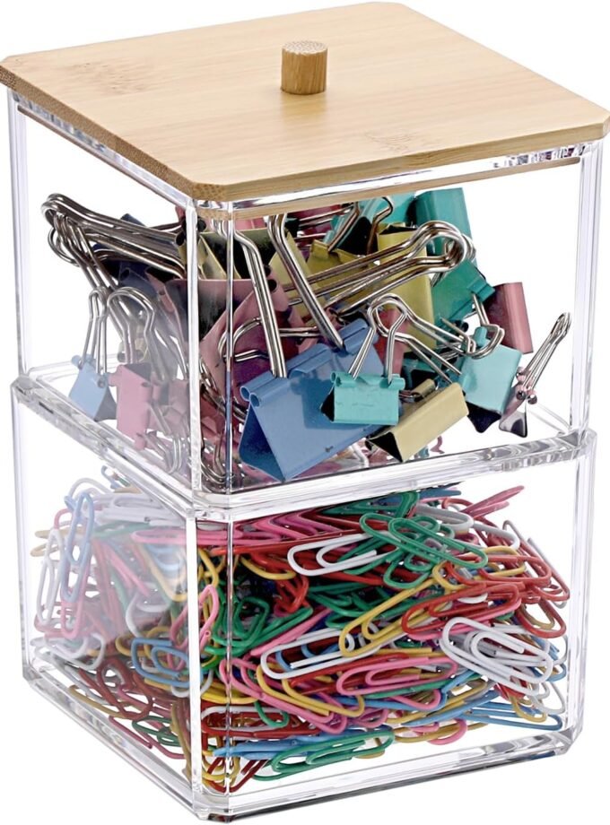 Clear Stackable Paper Clip Holder with Bamboo Lid 2-Layer Paperclip Box Thick Acrylic Office Supply Accessory Organizer Square Small Storage Holder Cute Qtip Holder for Office Bathroom Vanity