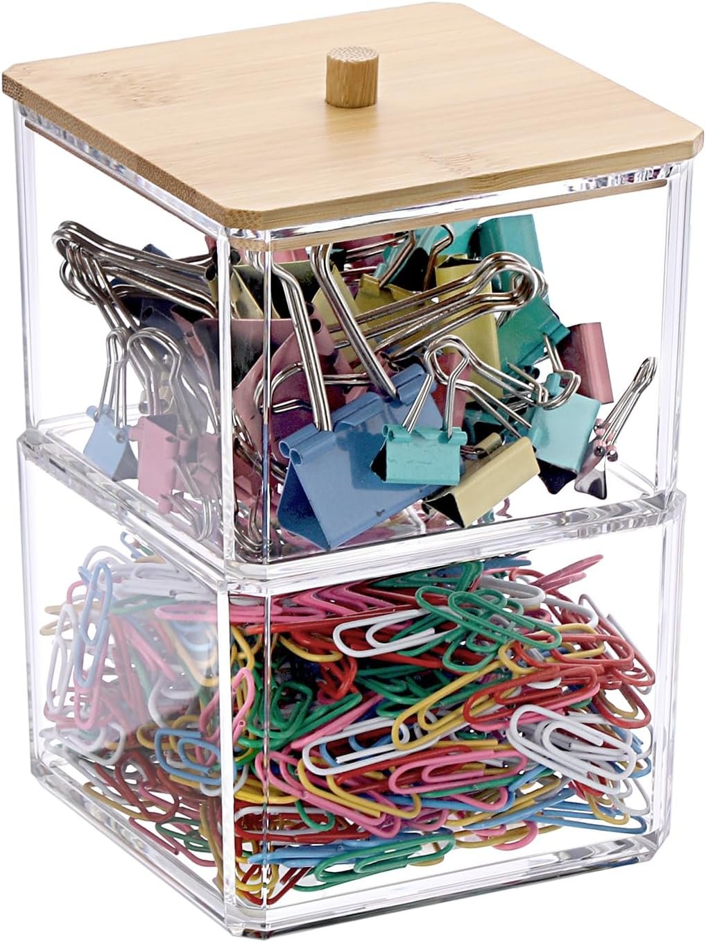 Clear Stackable Paper Clip Holder with Bamboo Lid 2-Layer Paperclip Box Thick Acrylic Office Supply Accessory Organizer Square Small Storage Holder Cute Qtip Holder for Office Bathroom Vanity