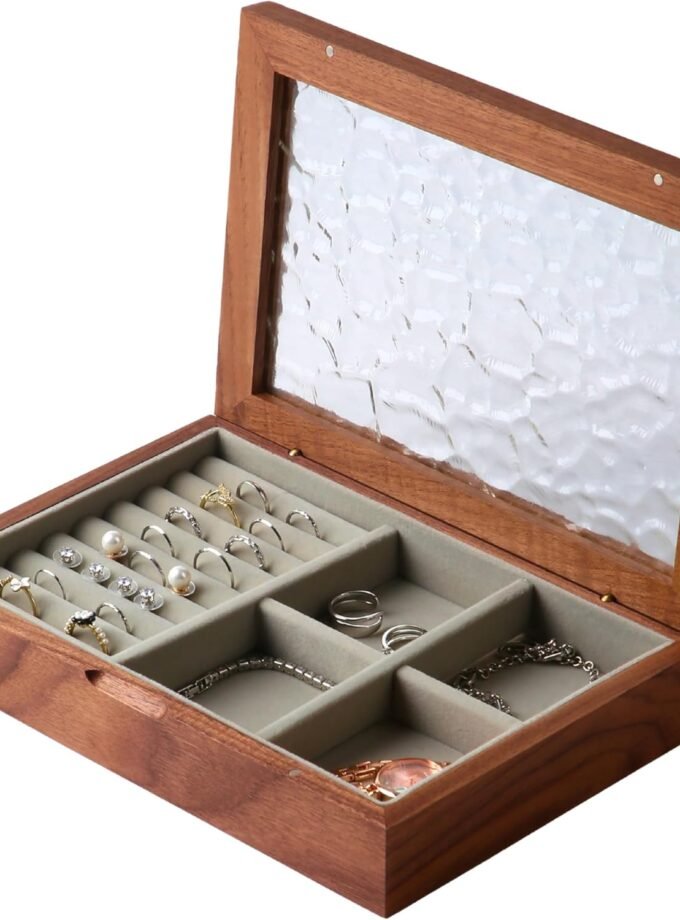 Wooden Jewelry Box for Women, Medium Size Natural Solid Walnut Wood Vintage Trinket Organizer with Large Storage, Ring Compartments, Built in Necklace Hooks, Glass Lid,
