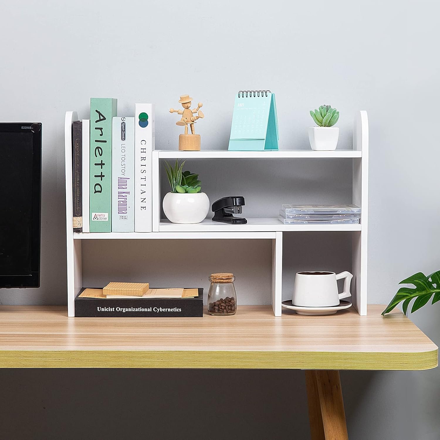 Desktop Adjustable Natural Wood Book Shelf Organizer Office Storage Rack Display Stand Caddy Set Expandable Desk Organizer (White) - Image 2