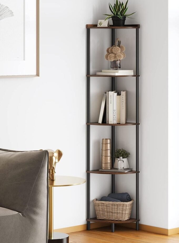 5 Tier Corner Shelf Stand,Industrial 65" Corner Shelves Display Shelf for Living Room Decor,Wall Corner Bookshelf Multi Unit Organizer,Tall Shelf Plant Stand for Bedroom,Bathroom,Small Space