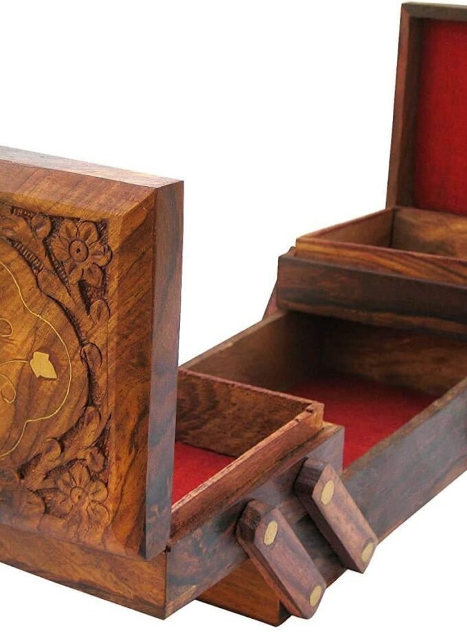 Wooden Jewellery Box Organizer - Classic Brown 8 Inch - 3 Expandable Compartments - Perfect for Women's Jewellery Storage & Organization