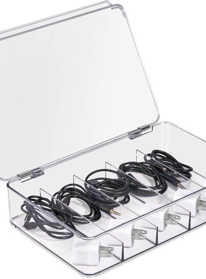 Clear Cable Organizer Storage Box – Durable Plastic Wire Management Solution with Hinged Lid & 5 Fixed Dividers for Home & Office and Sorting Jewelry, Small Toys, Building Blocks, Markers