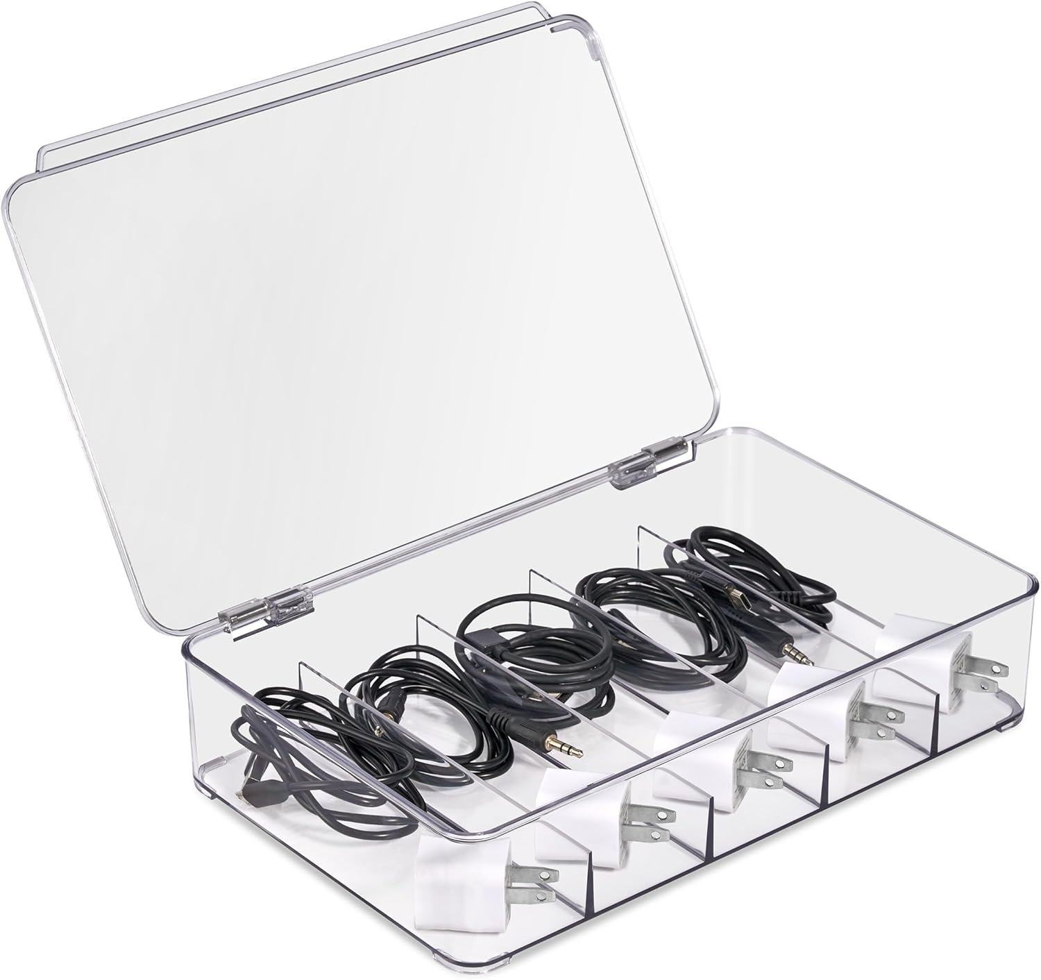 Clear Cable Organizer Storage Box – Durable Plastic Wire Management Solution with Hinged Lid & 5 Fixed Dividers for Home & Office and Sorting Jewelry, Small Toys, Building Blocks, Markers