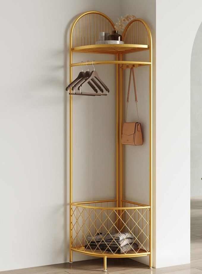 corner coat rack,corner hall tree,metal clothes rack,gold clothing rack with storage basket and hooks,corner garment rack for bedroom,living room,entryway.corner storage rack for clothes.