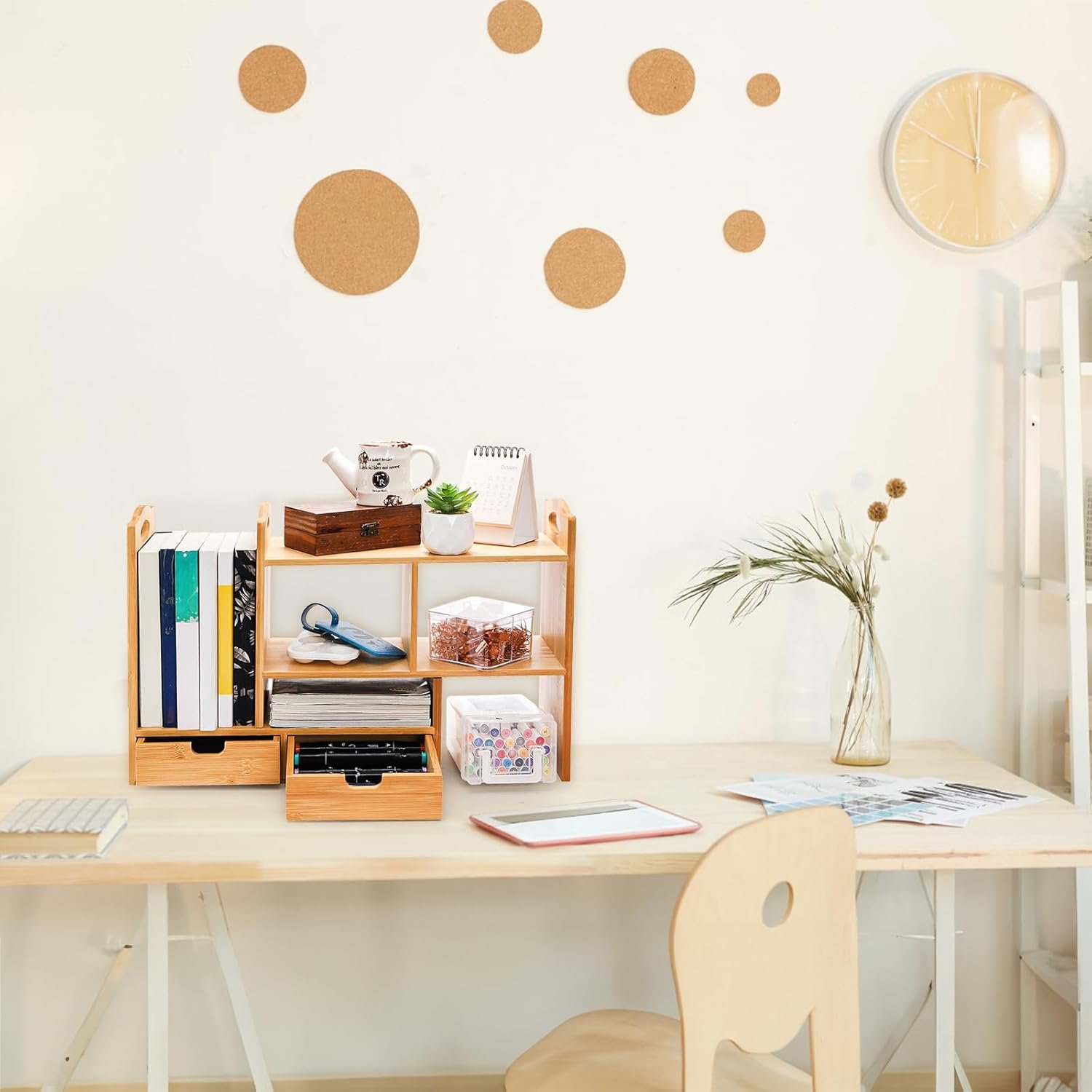 Bamboo Desktop Bookshelf, Expandable Counter Bookcase, Storage Shelves Rack Organizer with Anti-Slip Pads, Cute Small Desk Display Cubby Top for Office Supplies, No Assembly Needed - Image 2