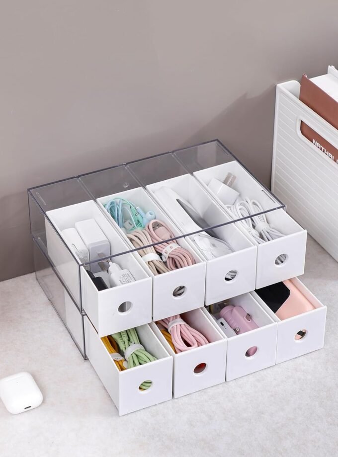2 Pack Plastic Cord Organizer Drawers, Cable Storage Box with 40pcs of Wire Ties, Large Electronics Management Display Case for Desk Accessories, Office Supplies, USB, data Cable (White)