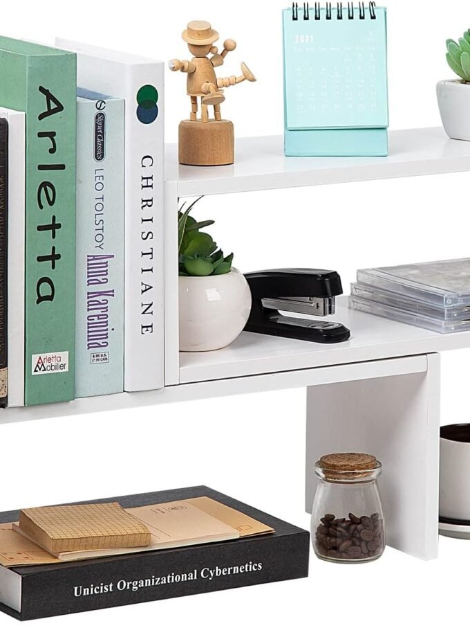 Desktop Adjustable Natural Wood Book Shelf Organizer Office Storage Rack Display Stand Caddy Set Expandable Desk Organizer (White)