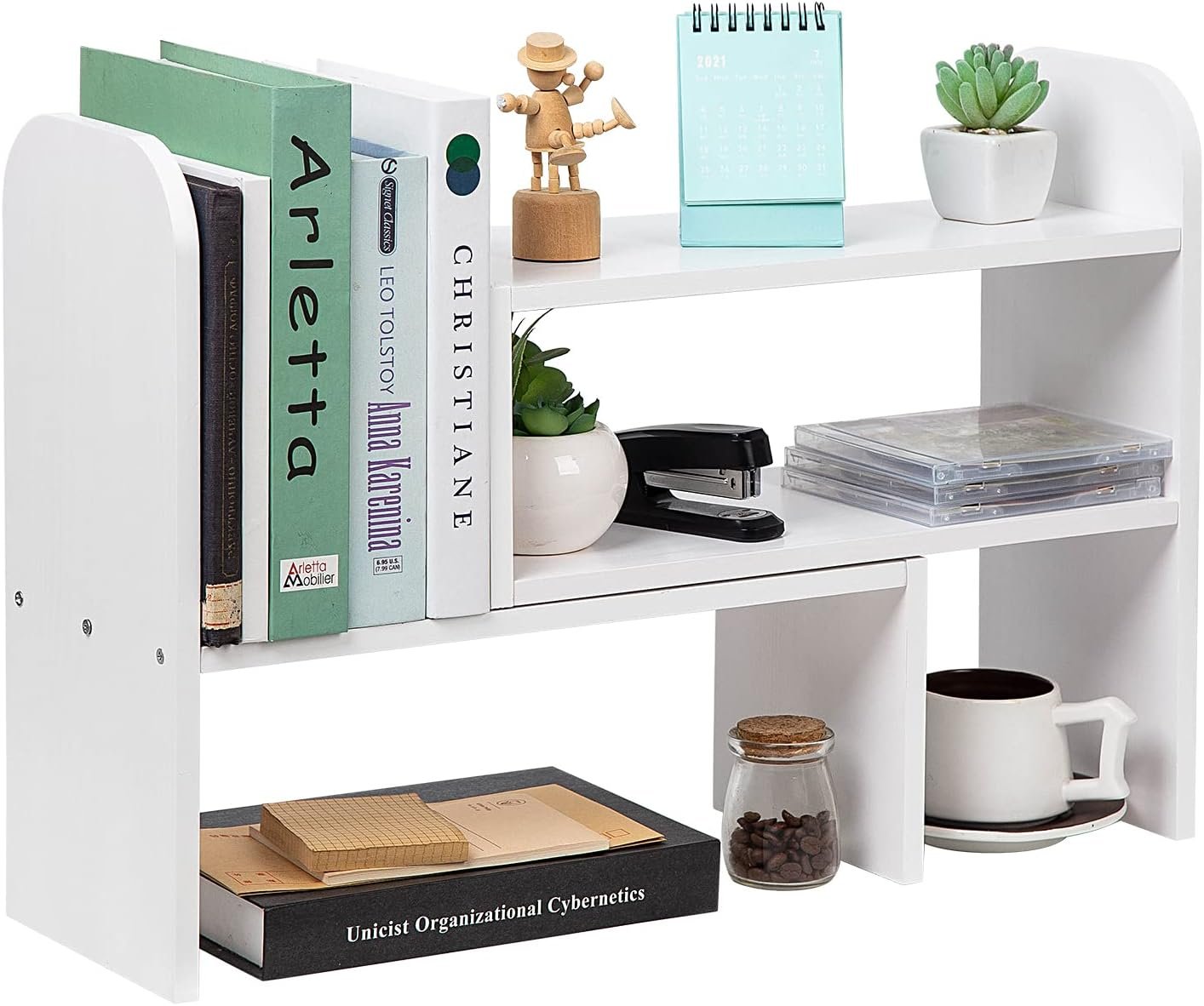 Desktop Adjustable Natural Wood Book Shelf Organizer Office Storage Rack Display Stand Caddy Set Expandable Desk Organizer (White)