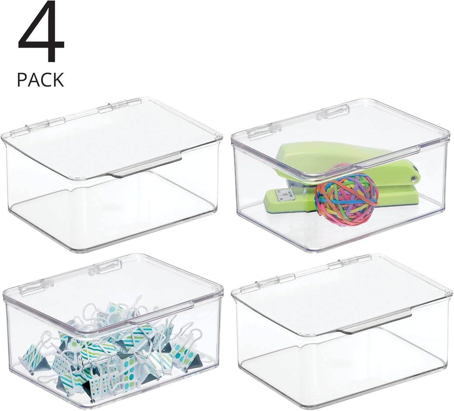Small Plastic Home Office Storage Organizer Box Containers w/Hinged Lid for Desktops - Holds Pens, Pencils, Sticky Notes, Highlighters, Staples, Supplies - Collection, 4 Pack - Clear - Image 2