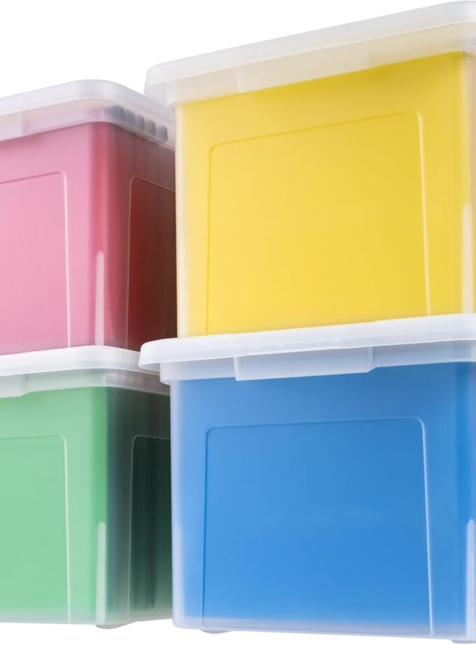 File Box, Plastic File Organizer with Lids for / File, Portable Document Box For Moving, Storage Bin with Durable and Secure Lid, Stackable Nestable -Free, Clear 35 Qt. 4 Pack