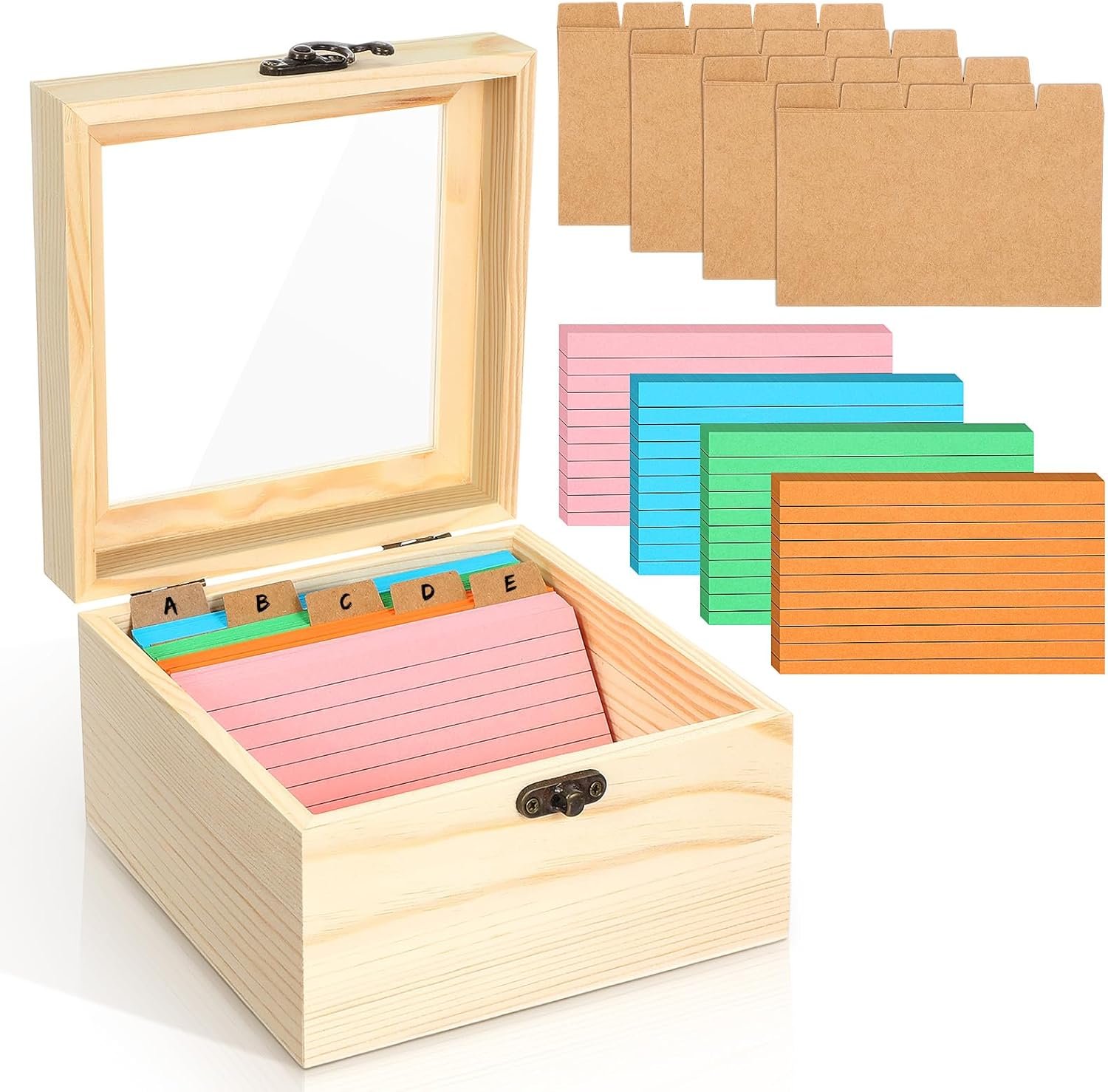 3 x 5 Inch Index Card Holder Set, 230 Pcs Heavy Note Index Cards Large Capacity Wooden Recipe Box Organizer Case with Dividers Flash Card Holder for Office, Home and School