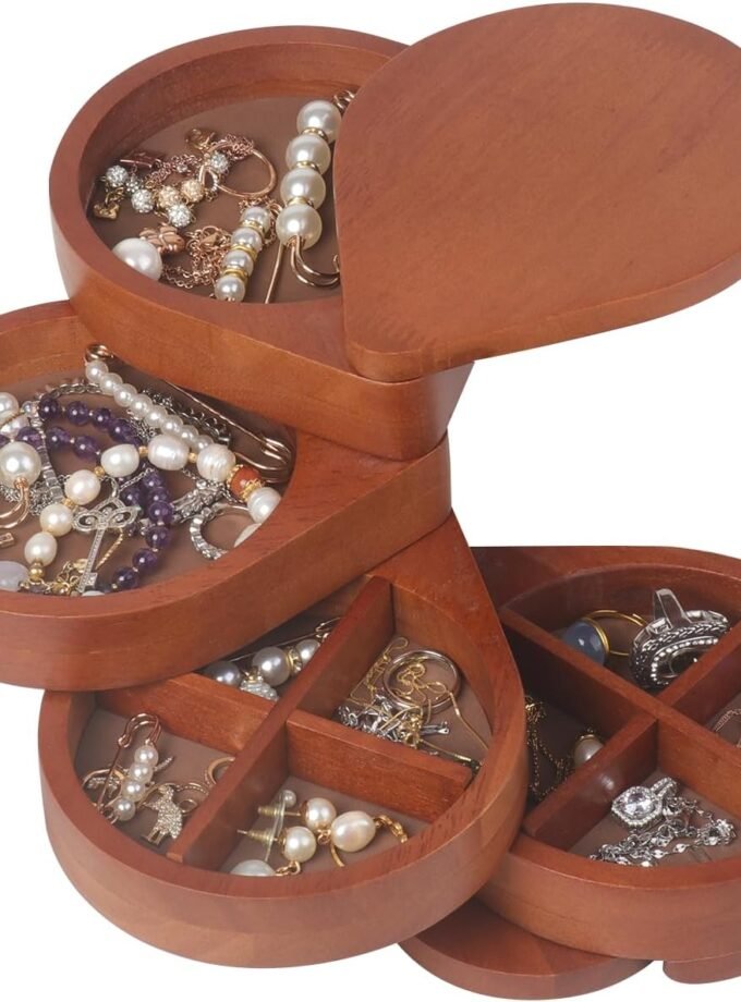 Wooden Jewelry Organizer Portable Jewelry Box, 4-Layer Rotatable Jewelry Holder With Lid For Rings, Necklaces, Earrings, Bracelets, Small Jewelry Organizer, Earring Holder for Women