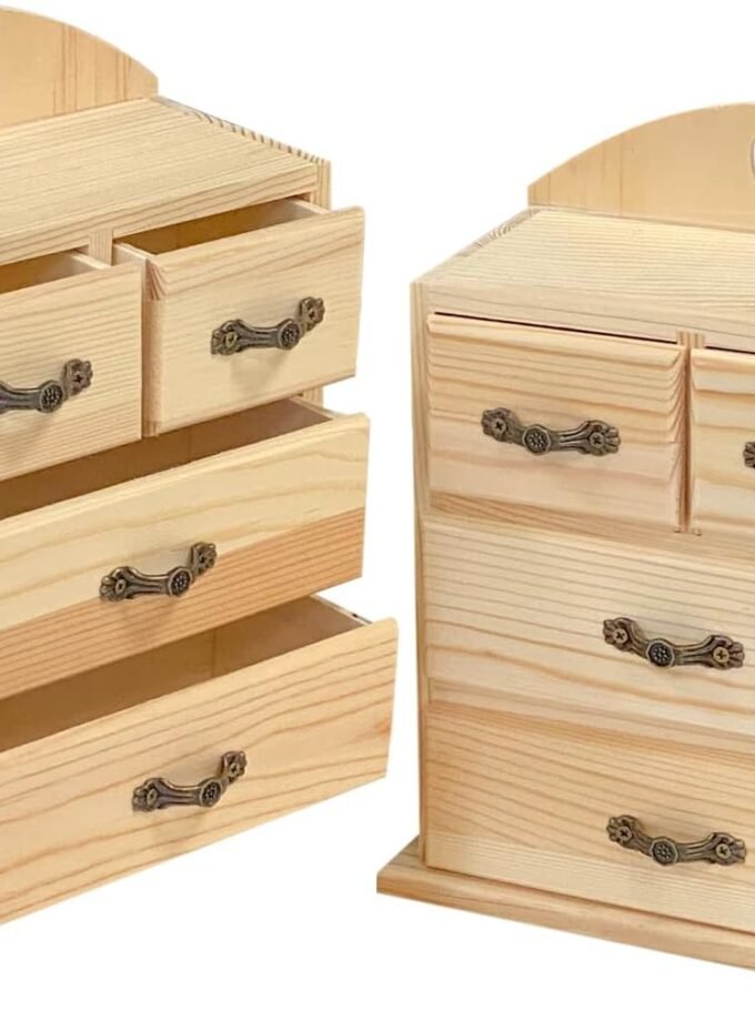 Pack of 2 Unfinished Wood box with Mini Drawers for Jewellery,Small Wooden Organizer Storage Box for Crafts Hobbies DIY Project