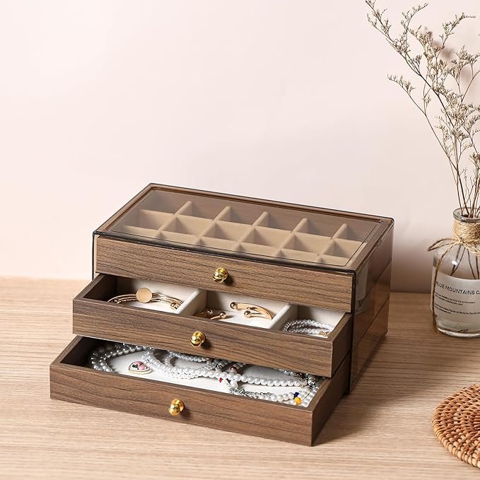 3 Layer Wooden Drawers Jewelry Box Vintage Style Jewelry Organizer with Acrylic Cover, Jewelry Storage Display Box for Ring Earrings Necklace Bracelet Box for Women and Girls(Walnut Color) (A)