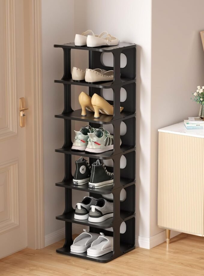 Vertical Narrow Tall Shoe Rack for Front Door Entrance, 7-Tier Sturdy Stackable Shoe Rack Organizer for Closet Entryway, Corner Shoe Storage Shelf Shoe Cubby