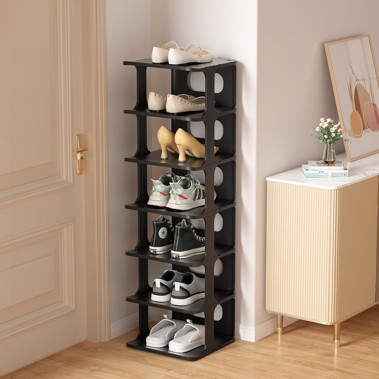Vertical Narrow Tall Shoe Rack for Front Door Entrance, 7-Tier Sturdy Stackable Shoe Rack Organizer for Closet Entryway, Corner Shoe Storage Shelf Shoe Cubby
