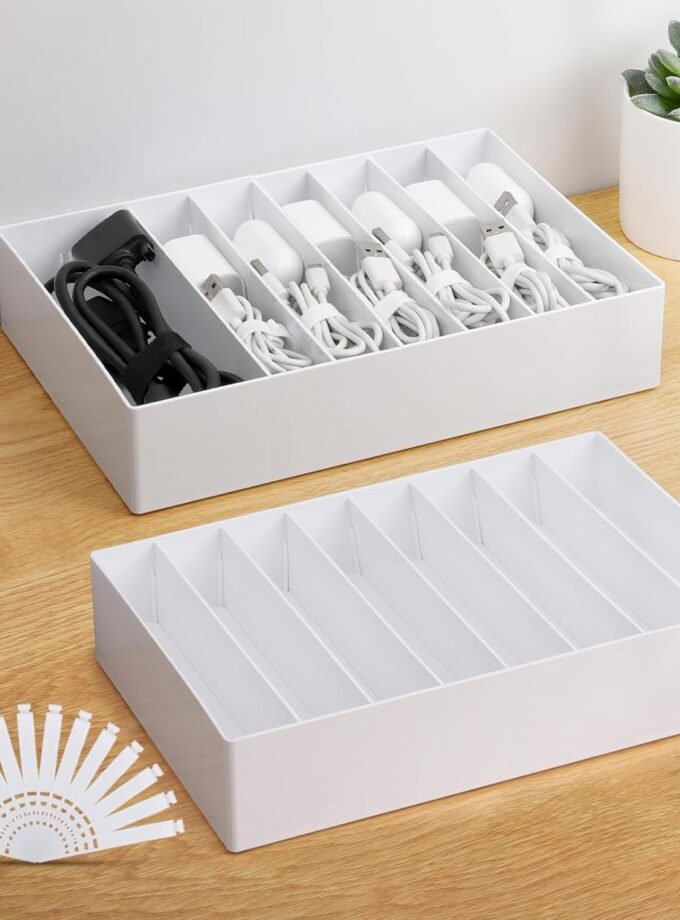 2 Pcs Large Cable Organizer Box with Wire Ties,Plastic Charger Organizer box with 8 Compartments,Stackable Cord Organizer Box for Office,Home,Desk Drawer Stationery Supplies Storage,White