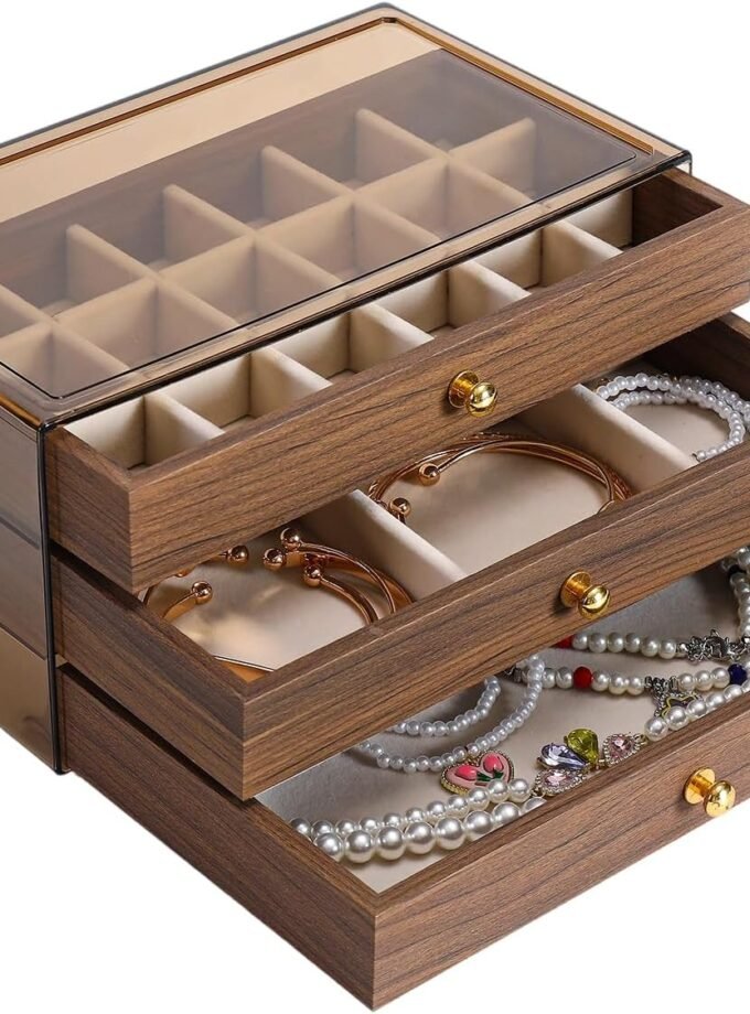 3 Layer Wooden Drawers Jewelry Box Vintage Style Jewelry Organizer with Acrylic Cover, Jewelry Storage Display Box for Ring Earrings Necklace Bracelet Box for Women and Girls(Walnut Color) (A)