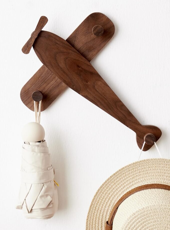 Kids Coat Rack Wall Mount, Airplane-Shaped Wooden Wall Coat Hooks for Kids, Cute Walnut Coat Hanger Heavy Duty for Bathrooms, Door, Entryway, Kids Room, or Nursery