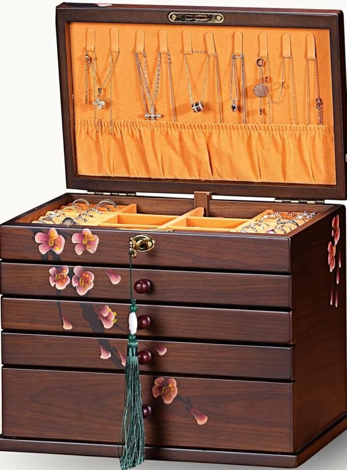 Vintage Wooden Jewelry Boxes with Lock & Key - Hand-Painted Large Jewelry Organizer, 6-Layer jewelry organizers and storage, Rustic Tabletop Jewelry Storage Box for Women/Men