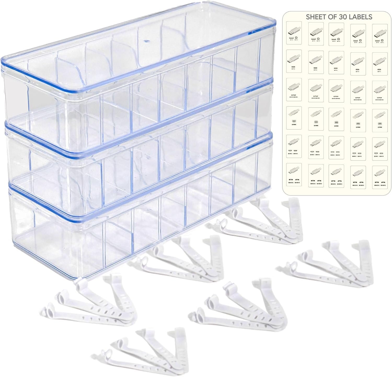 Set of 3 Cable Organizer Boxes with Labels - Charger Box Organizer, Stackable with Lids - Cord Storage for Desk & Drawer - Case