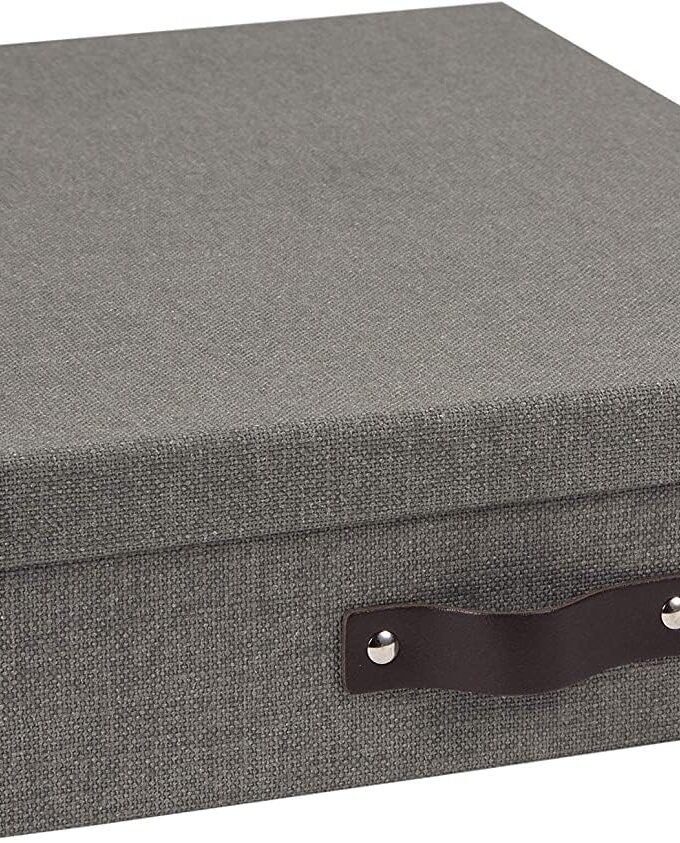 Canvas Fiberboard Document  Box - File Organizer Box for Important Paperwork - Document Storage with a Lid & Leather Handle - 3.3 in x 10.2 in x 13.8 in - Gray