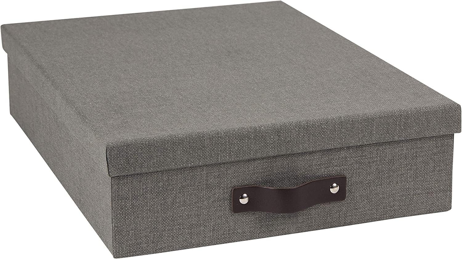 Canvas Fiberboard Document Box - File Organizer Box for Important Paperwork - Document Storage with a Lid & Leather Handle - 3.3 in x 10.2 in x 13.8 in - Gray