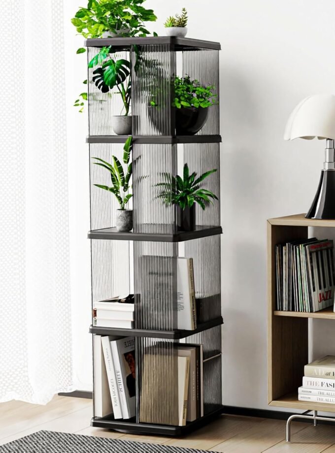 4 Tier Rotating Bookshelf, Small Corner Bookshelf for Small Space, 360 Display Floor Standing Bookcase,  Plastic Narrow Book Organizer Shelf for Bedroom, Living Room, Rectangular